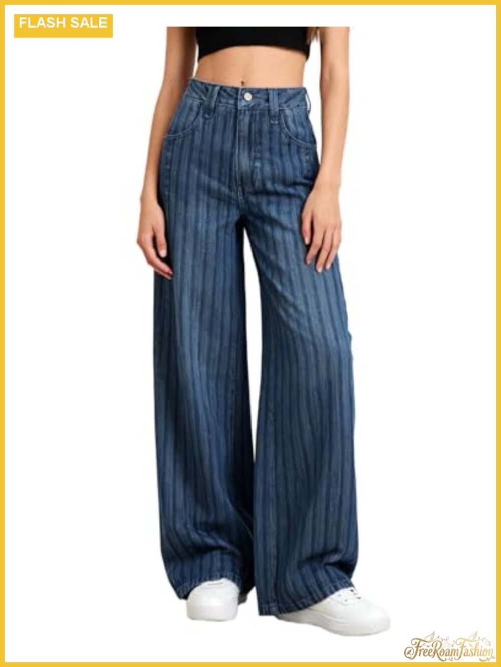 Women's Striped Wide Leg Jeans Mid Rise Baggy 90s Vintage Denim Pants